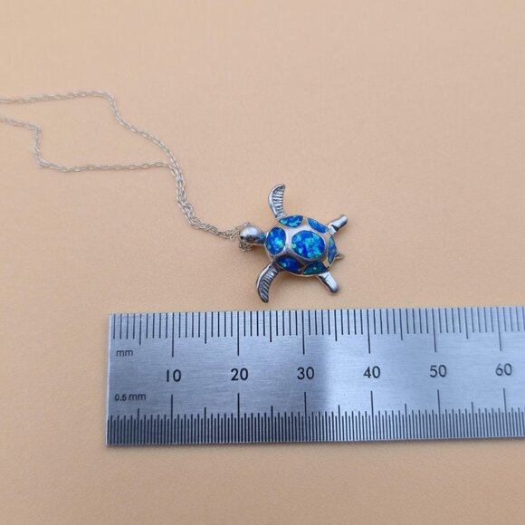 19 Inch Sterling Silver Blue Opal Cute Turtle Pendant Necklace A5958 - Picture 7 of 8